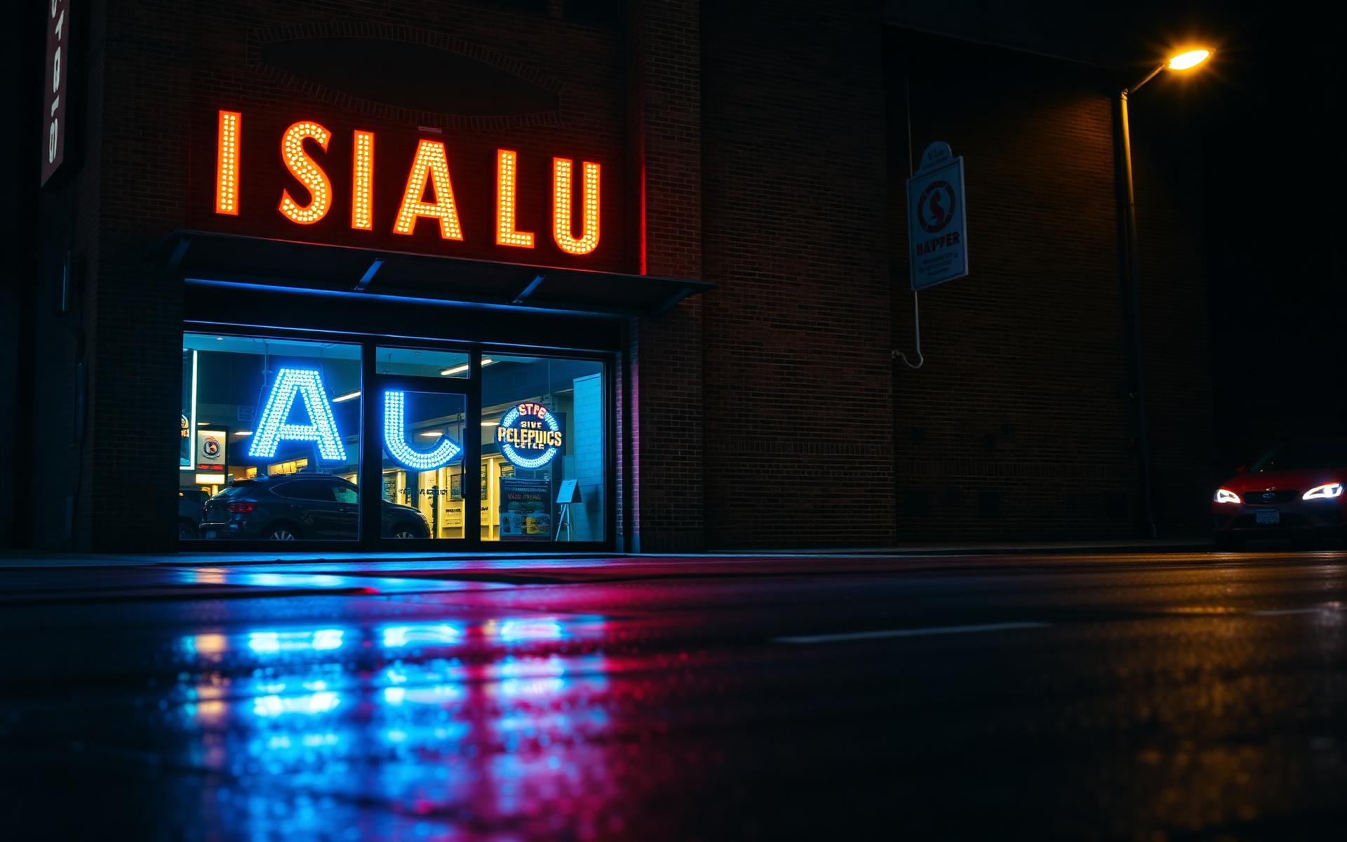 Illuminated storefront at dusk