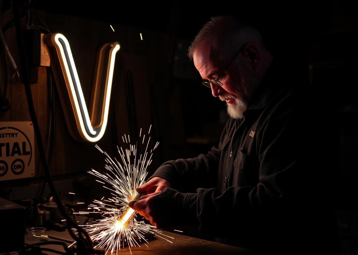 David Hare bending an LED channel letter in the Harborlight workshop
